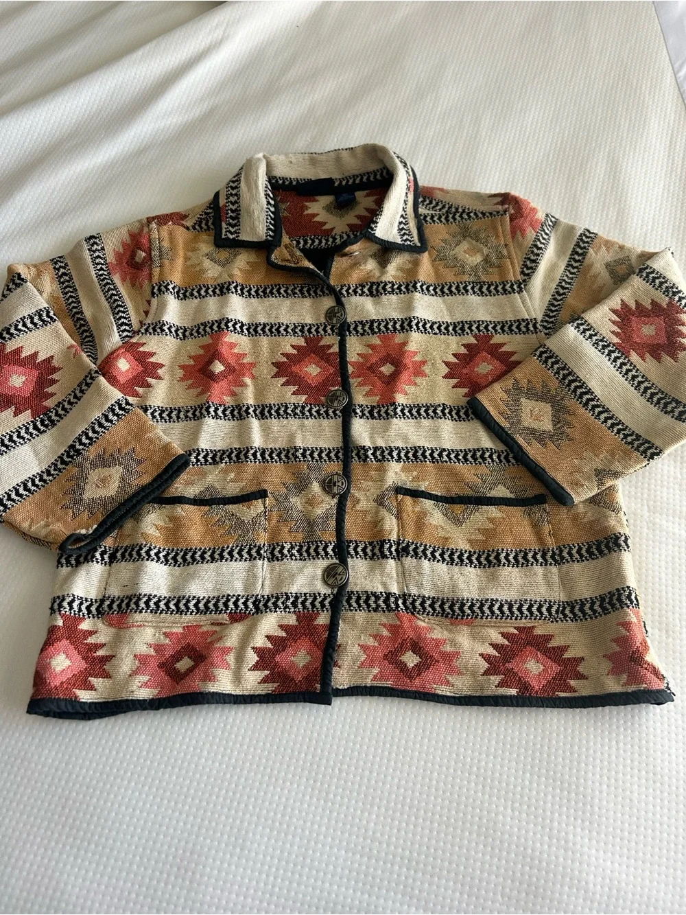 Laura Ashley Vintage Southwestern Aztec Knit Button-Up Cardigan in Beige/Rust - Picture 3 of 11